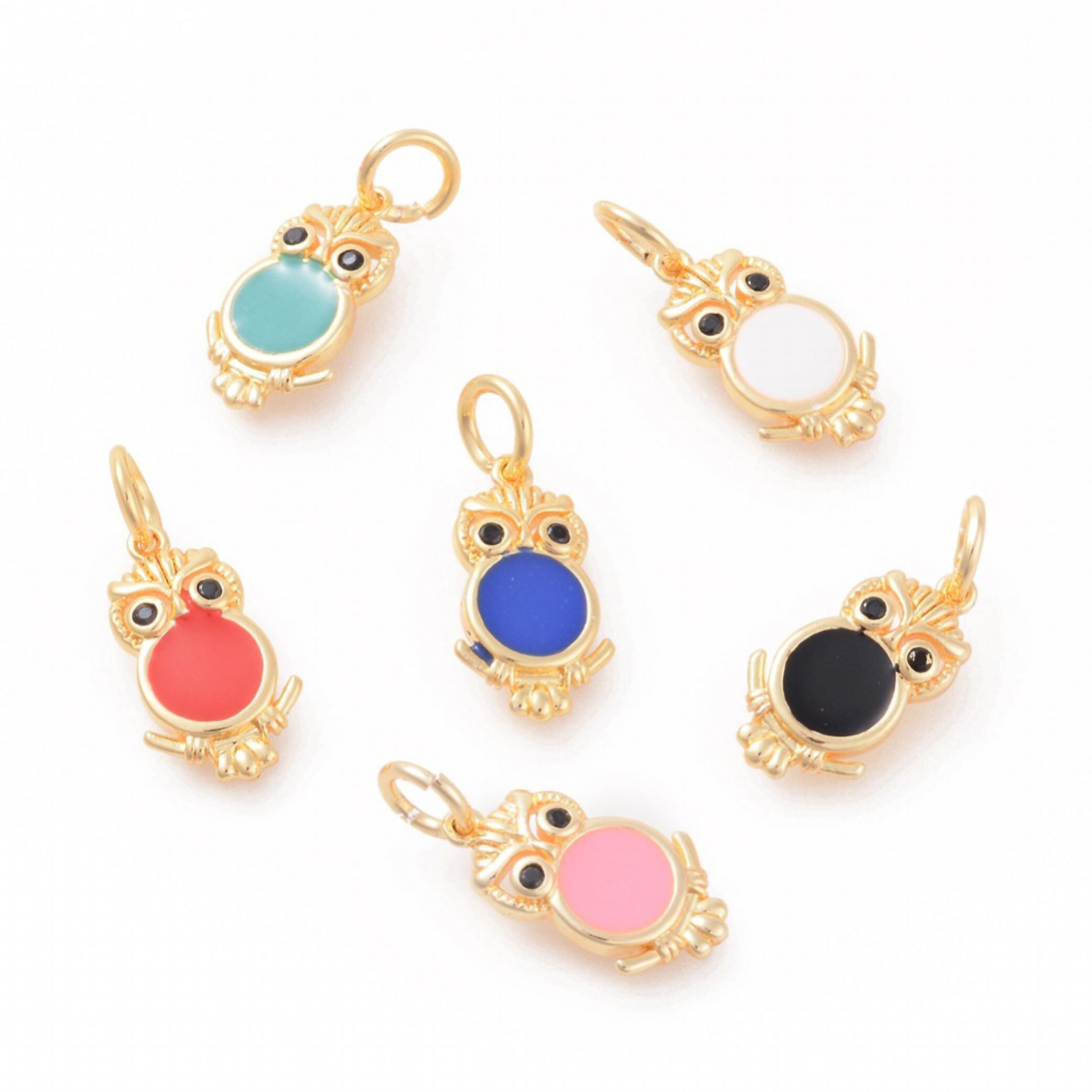 Gold Owl Charms, with Rhinestone Eyes, Mixed Colors, 17X9mm, 10 pcs