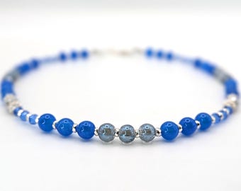 14-16" Handmade Sapphire Jade, Aura Moonstone, Crystal, and Silver Hematite Choker Necklace, Stackable Necklace