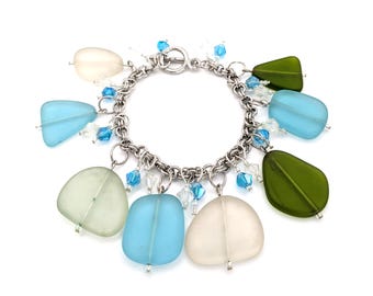 Handmade Aqua Blue, Green, and White Seaglass Charm Silver Chain Bracelet
