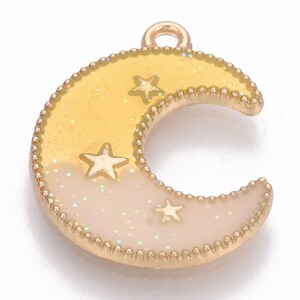 Cute Gold and Pinkish Enamel Crescent Moon and Star Charms, 23mm, DIY Jewelry