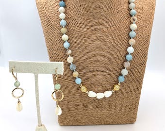 18" 24k GF Amazonite and Pikaki Jewelry Set, Necklace, Bracelet, and Earrings