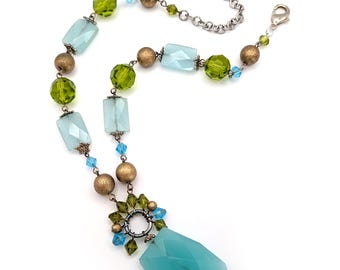 Aquamarine and Green Crystal Antique Necklace, 18" Length