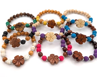Wood and Lava Bracelet with Wood Plumeria Charm Adjustable Stretch Bracelets