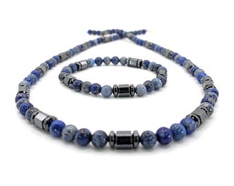 24"  Lapis Lazuli, Dumortierite, and Hematite Beaded Necklace and Bracelet Men's Jewelry Set