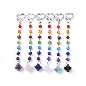 Merkabah Star Chakra Keychains, 8mm, 6 Inches Long, Heart Lobster Claw Clasps