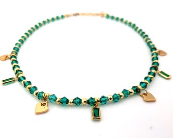 14-16" 18k Gold Emerald Green Crystal and Cubic Zirconia & Gold Heart Charm Necklace