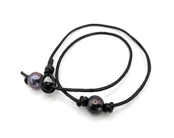 16" Peacock Freshwater Pearl Leather Corded Necklace, Pearl Necklace