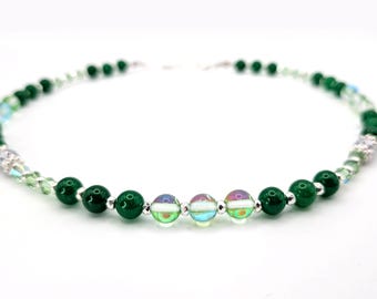 14-16" Handmade Emerald Jade, Aura Moonstone, Crystal, and Silver Hematite Choker Necklace, Stackable Necklace