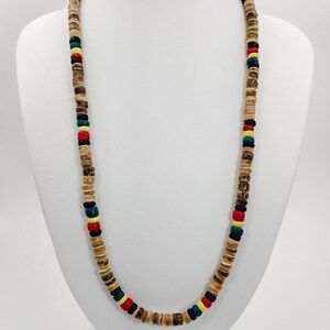 18&quot; Brown Mix Coconut and Rasta Necklace, Bohemian Jewelry, Surfer Necklace, Beach Jewelry, 5-6mm