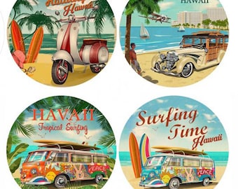 Assorted Ceramic Hawaii Classic Scooter, Roadster, and Hippie Van Coaster Set, 4.25 Inches, 4pcs, Hawaii Souvenirs, Hawaii Gifts
