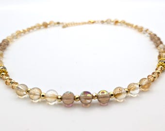 14-16" Handmade Citrine, Aura Moonstone, Crystal, and Gold Hematite Choker Necklace, Stackable Necklace