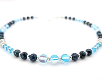 14-16" Handmade Apatite, Aura Moonstone, Crystal, and Silver Hematite Choker Necklace, Stackable Necklace