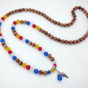 Sapphire, Opal, Yellow Jade & Ruby Sandalwood Buddhist Mala Conch Pendant Necklace
