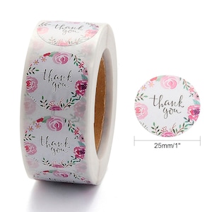 Adesivi di ringraziamento, Etichette adesive adesive in rotolo, per buste, buste postali e borse, Floreale, 25 mm, 500 pezzi/rotolo