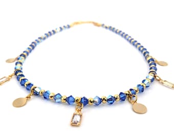 18k Gold Blue Sapphire Crystal and Cubic Zirconia & Gold Heart Charm Necklace