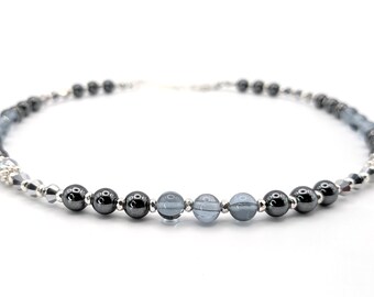 14-16" Handmade Hematite, Aura Moonstone, Crystal, and Silver Hematite Choker Necklace, Stackable Necklace
