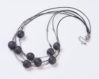 3 Layer Tiered Necklaces, with Lava Rock Beads and Silver Tube Beads, Black, 20 Inches, 2 pcs