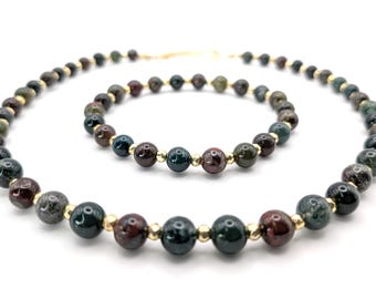 Handmade Bloodstone, Gold Hematite Necklace and Bracelet Jewelry Set