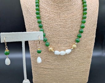 18" 14k GF Myanmar Green Jade and Pikaki Jewelry Set, Necklace, Bracelet, and Earrings