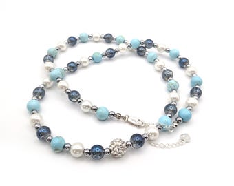 Larimar, Blue Aura, Pearl Necklace with Micropave ball Pendant Size 8mm 24" Length