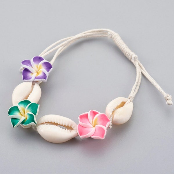 Cowrie Shell Anklets/Bracelets,  Plumeria Beads & Cotton Cord, Colorful