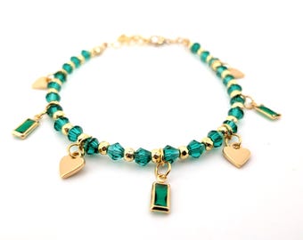 18k Gold Emerald Green Crystal and Cubic Zirconia & Gold Heart Charm Bracelet