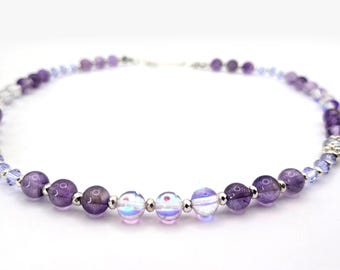 14-16" Handmade Amethyst, Aura Moonstone, Crystal, and Silver Hematite Choker Necklace, Stackable Necklace