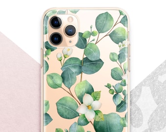Custodia per iPhone con motivo acquerello di eucalipto: verde floreale, silicone trasparente