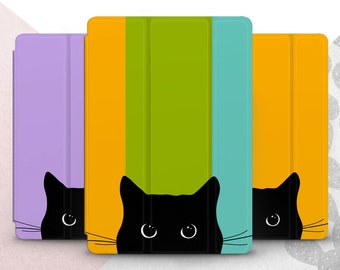 May include: Three tablet cases with different colored backgrounds. The cases have a black cat peeking out from the bottom. The text "CUSTOM COLOR BACKGROUND" is at the top of the image. The text below the image reads "How to order this case? Enter the background color you would like in the personalization line. For example: purple, multicolored stripes, yellow, or any other. I will gladly make a custom order for you."