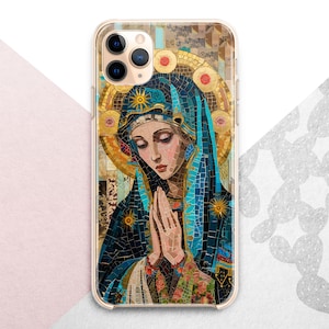 Jungfrau Maria Symbol iPhone 16 15 14 13 12 pro 11 Hülle / Gesegnetes christliches Mosaik Google Pixel 9 8 7 6 / Mutter von Jesus Samsung 24 23 22 21 20