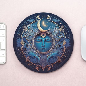 Celestial Crescent Mouse Pad / Sun and Moon Office PC Accessory / Mystical Tarot Gift Decor for Gamer / Astronomy Round Rectangular Desk Mat
