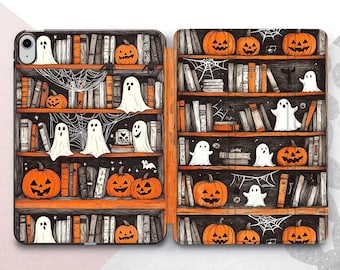 May include: A Halloween-themed phone case with a design of a bookshelf filled with books, pumpkins, and ghosts. The case is made of a hard plastic material and has a black background.