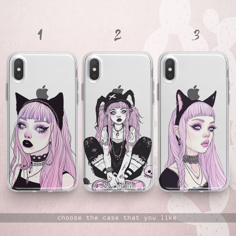 Emo Girl iPhone 15 14 13 12 11 x xr xs case Sad Aesthetic Galaxy 24 23 22 21 20 10 5G Kawaii Anime Goth Google Pixel 8 7 6 5 Pink and Black image 2