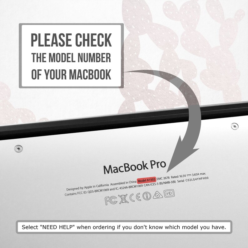 Może przedstawiać: Zbliżenie na srebrny laptop MacBook Pro z numerem modelu A1502 i tekstem "PLEASE CHECK THE MODEL NUMBER OF YOUR MACBOOK" nadrukowanym na g&oacute;rze laptopa.
