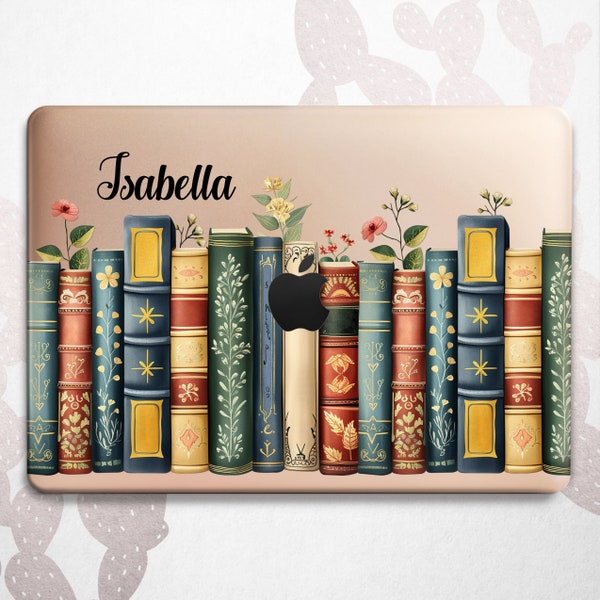 Book Lover Macbook Pro 16 15 14 2023 A2991 case / Literature Bookshelf Mac Air 15 13 11 Custom Name Cover / Floral Library Macbook 2024 M3