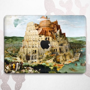 May include: A laptop skin featuring a painting of the Tower of Babel, a large, multi-level structure with a mix of red, brown, and white colors. The painting is set against a blue sky with white clouds.