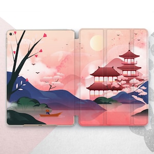 Tempio giapponese iPad Pro 13 12.9 11 2024 / Sakura rosa Mini 7 6 Air 5 4 3 / Natura giapponese 10.9 10.5 10.2 Custodia / Arte acquerello iPad 9.7 2018