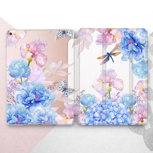 Custodia iPad Air 4 3 2 A2588 con fiori blu / Custodia Mini 7 6 5 con giardino / Custodia iPad Pro 13 12.9 11 2024 con fiori ad acquerello / iPad 10.9 10.5 10.2
