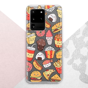 May include: A clear smartphone case featuring a repeating pattern of colorful, cartoon-style food items including burgers, pizza slices, donuts, sushi, fries, ice cream, and drinks, all with simple smiling faces printed on a dark gray background.