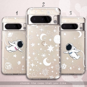 May include: Three clear phone cases with space-themed designs. Case 1 and 3 feature a white astronaut floating among stars and planets. Case 2 displays a pattern of white stars and crescent moons. The text "choose the case that you like" is visible.