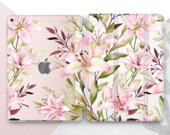 Watercolor Lily iPad 9.7 2018 6th Case Beautiful Pink Flowers iPad Mini 6 Air 5 4 3 Cover Pretty Floral iPad Pro 12.9 11 2022 10.9 10.5 10.2