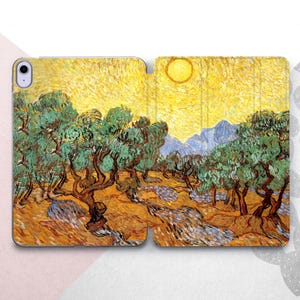 May include: A painting of a landscape with olive trees and a bright yellow sun in the sky. The trees are painted in a thick, textured style, and the sky is a vibrant yellow. The painting is in the style of Vincent van Gogh.