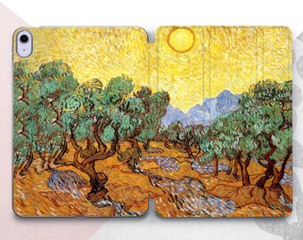 May include: A painting of a landscape with olive trees and a bright yellow sun in the sky. The trees are painted in a thick, textured style, and the sky is a vibrant yellow. The painting is in the style of Vincent van Gogh.