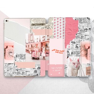 Puede incluir: Una funda de teléfono rosa y blanca con un collage de imágenes, que incluye un teléfono rotatorio rosa, un edificio rosa, un gato blanco y el texto "self love baby self love" y "the future is bright".