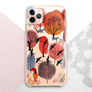 May include: A clear phone case with a colorful abstract design featuring trees, birds, and a girl with an umbrella. The design is in shades of red, orange, yellow, blue, and green.