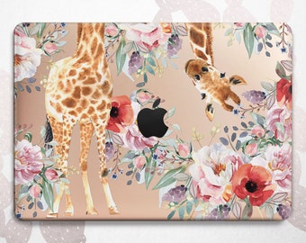 Etui na Macbooka z motywem żyrafy i kwiatów: twarda obudowa