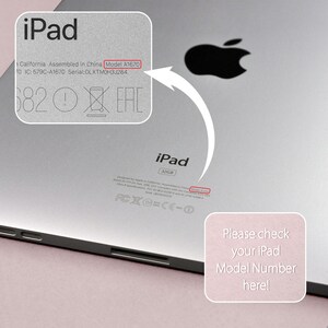 Peut inclure: iPad argent&eacute; avec le logo Apple. L'image met en &eacute;vidence le num&eacute;ro de mod&egrave;le A1670, avec un encadr&eacute; rose indiquant "Veuillez v&eacute;rifier votre num&eacute;ro de mod&egrave;le iPad ici !"