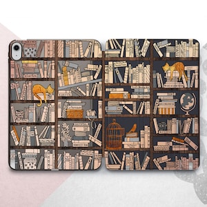 Bookshelf iPad Pro 13 12.9 2024 2022 Case Book iPad Mini 7 Cute Cat Bird iPad Air 11 5 4 3 Wood Library iPad 9.7 2018 10.5 10.2 8th 9th 10th