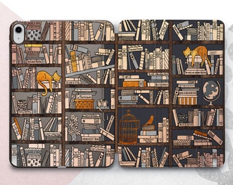 May include: A dark blue and brown bookcase with a variety of books, a globe, a birdcage, and two orange cats. The books have titles like "The Scarlet Letter", "To Kill a Mockingbird", and "The Little Prince".