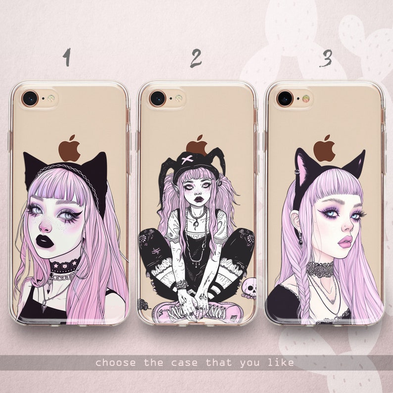 Emo Girl iPhone 15 14 13 12 11 x xr xs case Sad Aesthetic Galaxy 24 23 22 21 20 10 5G Kawaii Anime Goth Google Pixel 8 7 6 5 Pink and Black image 4